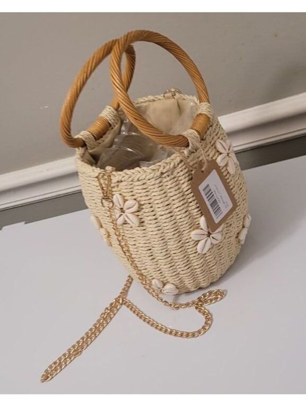 BRUN Pearl Women's Straw Bucket Bag Shell Gold Tone Chain Strap Handbag Purse.